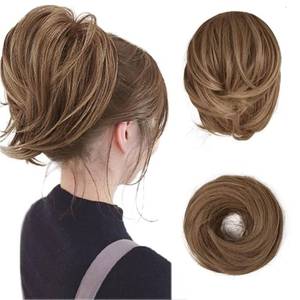 lot 16266 image: BARSDAR Brown Hair Bun Ponytail Extension, Straight Synthetic Ponytail Extensions - Fully Short, Light Golden Brown