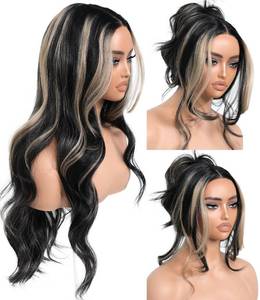 lot 18329 image: BrownBomb Ombre Blonde Synthetic Lace Front Wigs Body Wave Glueless Wigs With Bangs Pre Plucked Pre Cut 13x5x1 HD Lace Middle Part Wigs For Woman 26 Inch