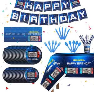 lot 18333 image: 162CT Video Game Party SuppliesTableware Kit - Blue, Serves 20 Guests - Includes Happy Birthday Banner, Plates, Cups, Straws, Napkins, Utensils, Table Cover for Video Game Themed Birthday Parties