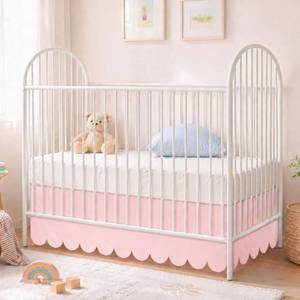 lot 18360 image: Hahafelt Scalloped Crib Skirt for Baby Girl Nursery, 28x 52 with 14 Drop, 4-Sided Dust Ruffle, Soft Breathable Fabric, Elegant Nursery Decor, Fits Standard Crib, Pink