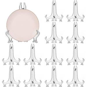 lot 18379 image: LonlyEagle 12 Pack 7 Inch Clear Plastic Easels or StandPlate Holders to Display Pictures or Other Items at Weddings, Plate Stands for Home Decoration, Birthdays, Tables