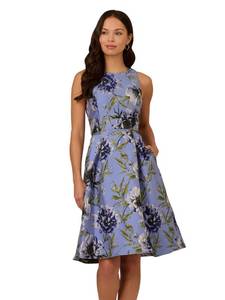 lot 18385 image: Adrianna Papell Womens Floral Jacquard Short Dress  Knee Length Cocktail Dress with Pleated Skirt & Hidden Pockets, Blue Multi, 18