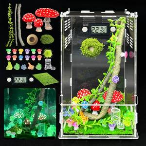 lot 18387 image: Jumping Spider Enclosure,DIY Insects Habitat,Small Reptile Terrarium Glass House Accessories Set,with Temperature and Humidity Detector Water Feeder Platform Hide,5.5x5.5x9.5 (Luminous Mushrooms)