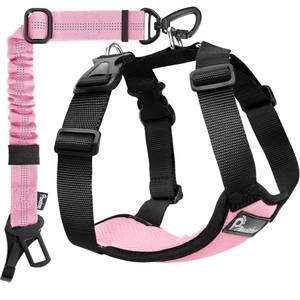 lot 18390 image: Pawaboo Dog Seat Belt Harness for Car, Dog Car Harness Seatbelt with Double Clips, Adjustable Breathable Pet Vest & Dogs Safety Tether with Elastic Bungee for Small Medium Large Pet, M, Pink  Black
