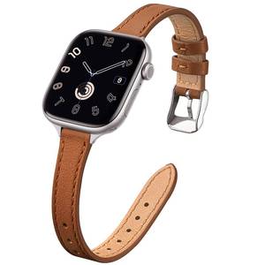 lot 18393 image: STIROLL Slim Leather Bands Compatible with Apple Watch Band 49mm 46mm 45mm 44mm 42mm(Series 3 2 1), Top Grain Leather Watch Thin Wristband for iWatch Ultra SE Series 11 10 9 8 7 6 5 4(Brown Silver)