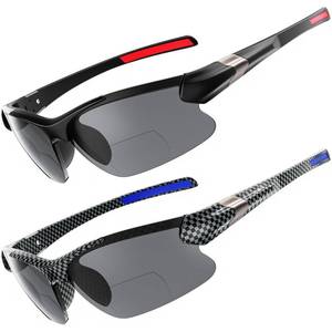lot 18406 image: DEHOTRE 2 Pack Bifocal Reading Sunglasses Men Lightweight TR90 Frame Wrap Around Sports Semi Rimless Sun Readers for Driving Golf Fishing Outdoor Activities UV400 Protection Black & Carbon Fiber 1.50