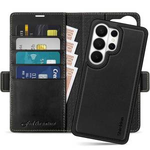 lot 18440 image: SHIELDON Wallet Case for Galaxy S26 Ultra 6.9-inch 2026, Genuine Leather, Removable, Folio Magnetic, RFID Blocking Card Holder, Kickstand, Shockproof Cover, Not Support Wireless Charging - Retro Black