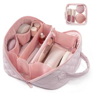 lot 18443 image: LOVEVOOK Travel Makeup Bag for Women, 2Pcs Puffer Waterproof Cosmetic Organizer, Large Capacity Pouch Open Flat Small Toiletry Bag with Brush Compartment & Handle (Pink, Medium)