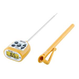 lot 18449 image: Taylor Compact Waterproof Digital Food Thermometer, 4.5 Inch Stem Length with an FDA Recommended 1.5mm Stepdown Probe Diameter and Amber Backlit LCD, HOLD, MinMax NSF, Yellow