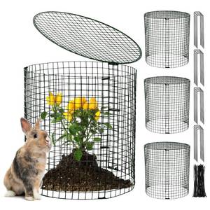 lot 18465 image: Hiboom 4 Set Garden Plant Protectors from Animals with Stakes, Metal Mesh and Detachable Covers Wire Plant Cage for Keeping Bunny Animals Out, Chicken Wire Cover Garden Protection (12x13)