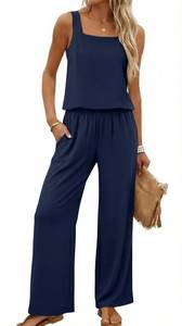 lot 18476 image: Lepunuo Summer 2 Piece Outfits for Women Sleeveless Square Neck Tank Crop Top Wide Leg Pants Matching Travel Vacation Outfits