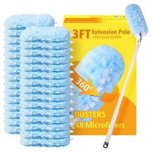 lot 19200 image: 30 Count Heavy Duty Duster Refills with 3 ft Extendable Handle Starter Kit, Compatible with Swiffer Disposable Microfiber Feather Dusters for Cleaning Home
