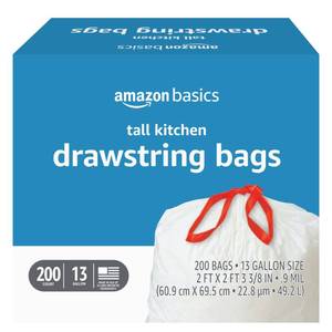 lot 19201 image: Amazon Basics Tall Kitchen Drawstring Trash Bags, Sturdy, 13 Gallon, Unscented, 200 Count