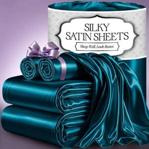 lot 19220 image: DECOLURE Satin Bed Sheets - 4 Piece Luxury Silky Queen Size Bedding Set - Softer Than Silk, Wrinkle-Free with 15 Deep Pocket Fitted Sheet, Perfect for Hair & Skin, Gifts for Women (Sea Teal)