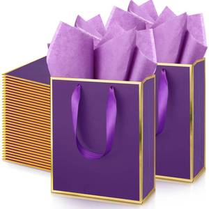lot 19228 image: Yeaqee 50 Pack Metallic Gift Bags with Handle and Tissue Paper Gold Foil Thank You Bag for Graduation Wedding Groomsmen Bridal Baby Shower Gifts Holiday Party Favors 9x7x3.15 (Purple Gold)