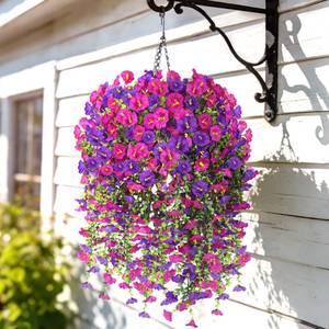 lot 19229 image: Artificial Hanging Flowers with Basket, 480 Blooms UV Resistant Faux Morning Glory Silk Plants, Fast & Easy Assembly Fake Hanging Baskets for Outdoor Porch Patio Garden Decor, Fuchsia&LightPurple