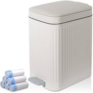 lot 19232 image: rejomiik Small Bathroom Trash Can with Lid 1.9 Gallon Step Trash Can Slim Garbage Can with Soft-Close Waste Bin for Bathroom, Bedroom, Office, Dorm, RV, Off-White (Bags Not Included)