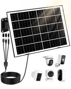 lot 19242 image: 8W Solar Panel for Security Camera, Solar Panel Charger with 5V USB-CMicroDC 3.5mm Ports 9.8ft Cable & 360°Integrated Mount, IP65 Solar Panels for RingReolinkEufy Built-in Battery Camera