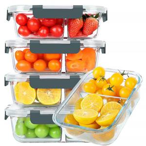 lot 19268 image: KOMUEE 30 oz 5 Pack Glass Meal Prep Containers 2 Compartments, Glass Food Storage Containers with Lids, Airtight Lunch Box, Microwave, Oven and Freezer Safe