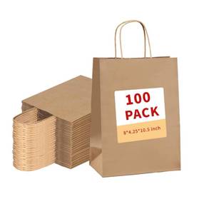 lot 19289 image: vanhel 100 Pack Brown Paper Bags with Handles,8x4.25x10.5 Inches,Gift Bags Medium Size,Gifts Bag Bulk for Festival,Birthday,Favor,Party,Shopping,Retail Merchandise.