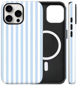 lot 20283 image: flewfun Magnetic for iPhone 1212P Case Cute Stripes Phone Case, Shockproof Slim TPU and Hard PC Protective Phone Cover Compatible with MagSafe Designed for Women Girls, Blue and White