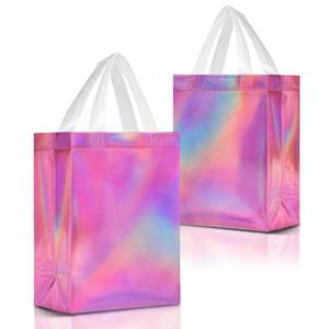 lot 20290 image: Nush Nush Pink Iridescent Gift Bags Medium Size �� Set of 12 Holographic Pink Gift Bags With Handles - Reusable Goodie Bag for Bridal Shower Gifts, Birthday Party Favor, Baby Shower - 8x4x10