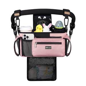 lot 20294 image: TOPDesign Universal Baby Stroller Organizer, Stroller Caddy with Detachable Mesh Bag & Heightened Insulated Cup Holders & Non-Slip Secure Hooks Accessories, Fits Most Strollers (Pink)