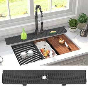 lot 20296 image: Derlights 30 inch Sink Splash Guard Mat,Silicone Faucet Handle Drip Catcher Tray, Longer Silicone Sink Mat for KitchenBathroom, Drip Protector Splash Countertop (black)
