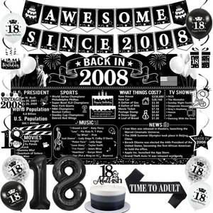 lot 20308 image: Trgowaul 18th Birthday Decorations for Boys Girls, 20PCS Black and White Back in 2008 Birthday Party Supplies, Vintage 2008 Banner, Time To Adult Sash, 18th Cake Topper, Latex Balloon, 18 Year Old Set