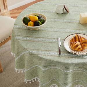lot 20309 image: ZeeMart Hemstitched Embroidery Striped Boho Tablecloth 60 Inch Round Light Green, Heavy Weight Farmhouse Burlap Linen Sage Tablecloth, Wrinkle Resistant Washable Table Cloth for Round Table