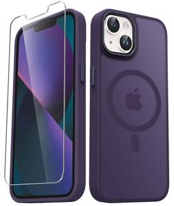 lot 20326 image: YENAPOON for iPhone 14 Case, iPhone 13 Case, with 1 Screen Protector, Matte Magnetic Slim Phone Cover, Support for Magsafe, Shockproof Protection Translucent Frosted Back,Purple