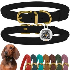 lot 20348 image: BronzeDog Rolled Leather Dog Collar with QR ID Tag, Adjustable Soft Round Collars for Small Medium Large Dogs Puppy (7 - 10 Neck Size, Black Night)