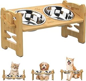 lot 1546 image: Cuddly Co elevated dog bowls for two small dogs and cats three heights adjustable bamboo raised pet food bowl stand