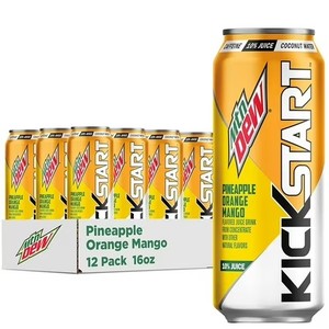 lot 103 image: Mountain Dew Kickstart Juice Drink Pineapple Orange Mango Flavored,12 pack, 16 fl oz cans. BB August 2025