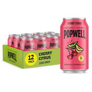 lot 113 image: Popwell Cherry Citrus Better-For-You Prebiotic Soda, with 6g Fiber, 1g Sugar, Vitamins and Immunity Support, 12 fl oz Cans (pack of 12) BB 6 20 2026