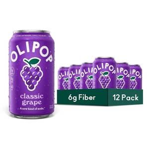 lot 114 image: OLIPOP Prebiotic Soda Pop, Classic Grape, Pantry Pack Packed with Prebiotics, Fiber, and Botanicals, Gluten Free, GMO Free, 12oz (12-Cans) BB November 2026
