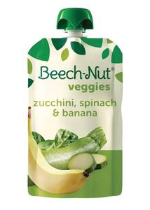 lot 137 image: 6 Pack Beech-Nut Veggies Stage 2 Baby Food, Zucchini Spinach & Banana, 3.5 oz Pouch. BB September 2026