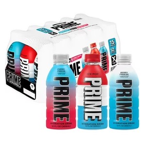 lot 142 image: Prime Hydration Sports Drink, Ice Pop, Cherry Freeze, Berry Freeze, 12 fl oz, 15 Pack, Bottles. BB May 2027