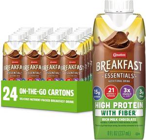 lot 147 image: Carnation Breakfast Essentials High Protein with Fiber Ready-to-Drink, 8 FL OZ Carton, Rich Milk Chocolate (Pack of 24) BB June 2026