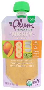 lot 148 image: 6 Pack PLUM ORGANICS Organic Mighty Mango Banana Bean Sunbutter Chia, 4 OZ. BB November 2026