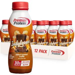 lot 151 image: Premier Protein Shake INDULGENCE, Salted Caramel Truffle, 30g Protein, 170 Calories, 3g Sugar, 11.5 fl oz, 12 Pack BB May 27 2026