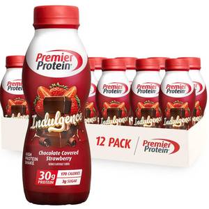 lot 162 image: Premier Protein Shake INDULGENCE, Chocolate Covered Strawberry, 30g Protein, 170 Calories, 3g Sugar, 11.5 fl oz, 12 Pack BB May 30 2026