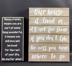 lot 102 image: Wooden Inspirational Family Quote Wall Signs Set Appropriately (Largest is 13 by 10 inch)