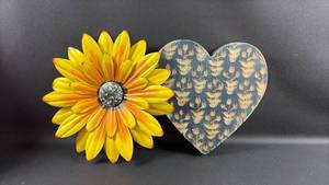 lot 107 image: Metal Flower Wall Art and Wood Blue Heart w Carved Detail - Approx 12