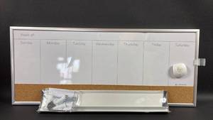 lot 109 image: Magnetic Dry Erase Calendar Board with Cork Strip, Pen Clip, & Optional Tray
