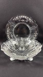 lot 148 image: Pressed Glass Three Footed Bowl and Plate Set with Floral Etching