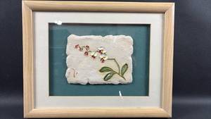 lot 154 image: Hand painted Clay Pad (6 by 4 inches) Orchid Wall Decor. Matted and Framed (10 by 13 inches)
