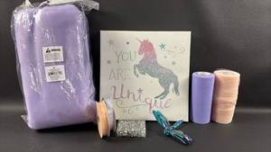 lot 159 image: Unicorn Theme Craft Supply Bundle with Tulle and Decorative Items