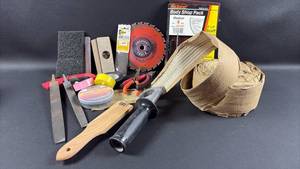 lot 166 image: Mixed Workshop Tool Lot with Saw Blade, Sanding Supplies and Hand Tools