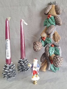 lot 86 image: Heavy Pinecone Candle Holders, Ceramic Wall Candle Holder & Santa Lamp Finial